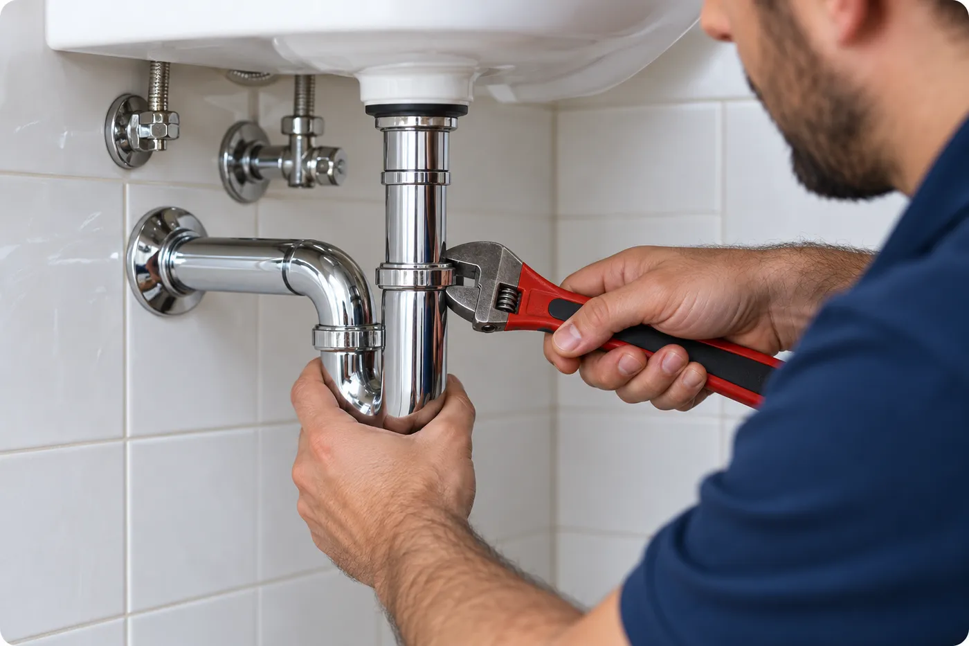 Plombier resserrant un siphon chromé neuf sous un lavabo